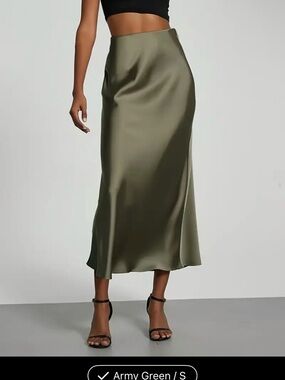 Satin Maxi Skirt in Army Green — Sleek High-Waist Bias Cut